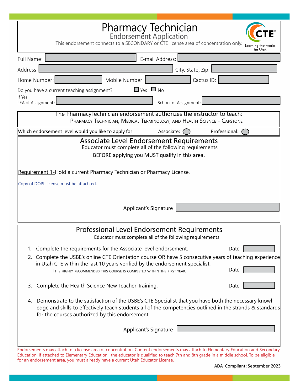 Utah Pharmacy Technician Endorsement Application Fill Out, Sign