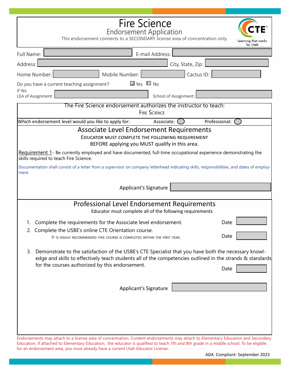 Fire Science Endorsement Application - Utah, Page 1