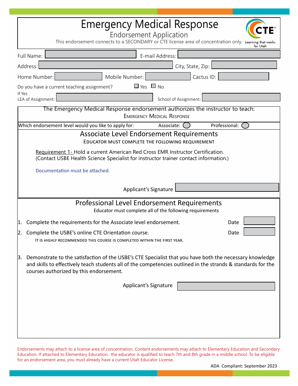 Emergency Medical Response Endorsement Application - Utah, Page 1