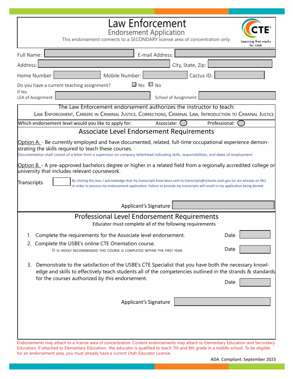 Law Enforcement Endorsement Application - Utah, Page 1
