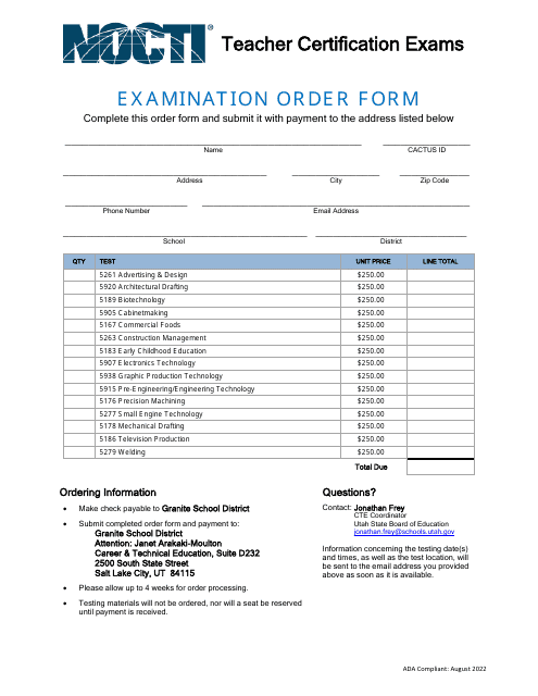 Nocti Teacher Certification Examination Order Form - Utah Download Pdf