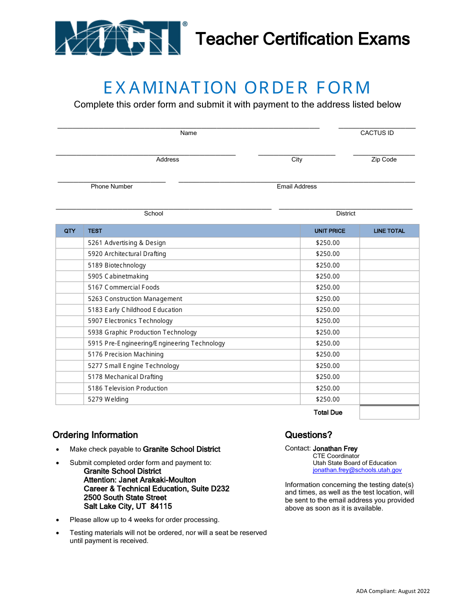 Nocti Teacher Certification Examination Order Form - Utah, Page 1