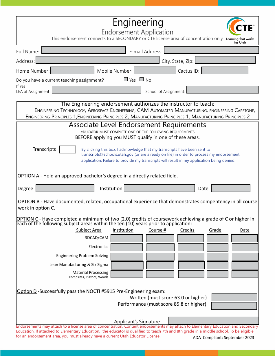 Engineering Endorsement Application - Utah, Page 1