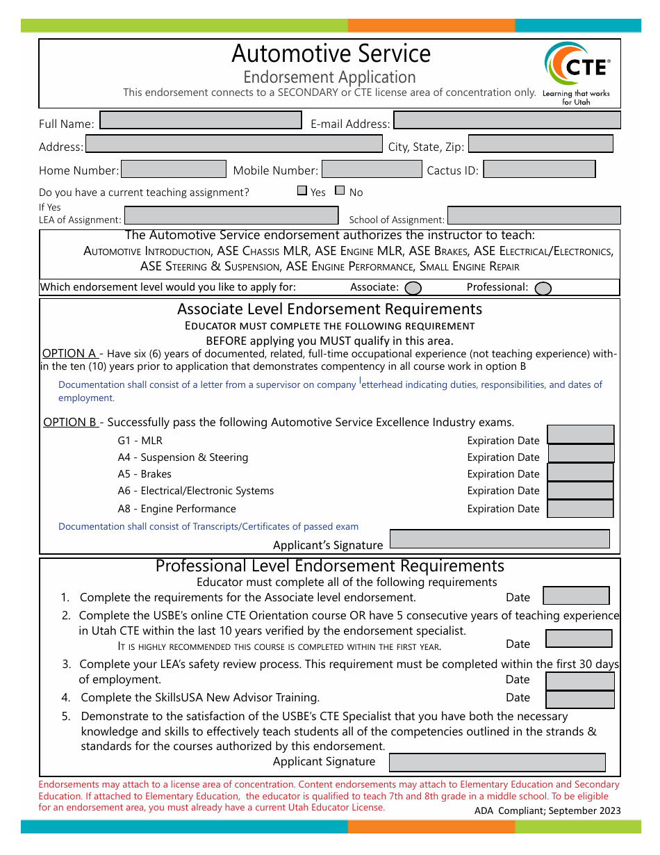 Automotive Service Endorsement Application - Utah, Page 1