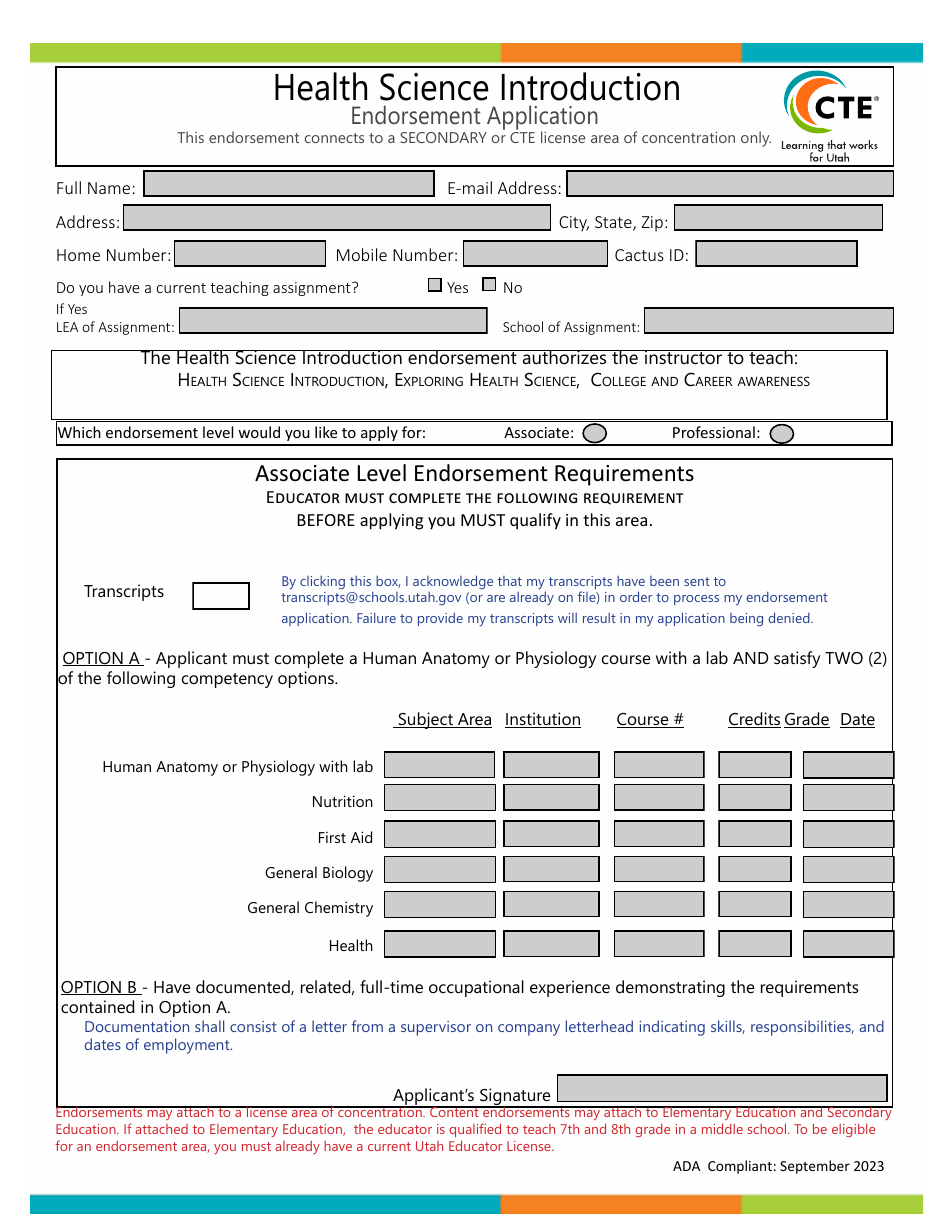 Health Science Introduction Endorsement Application - Utah, Page 1