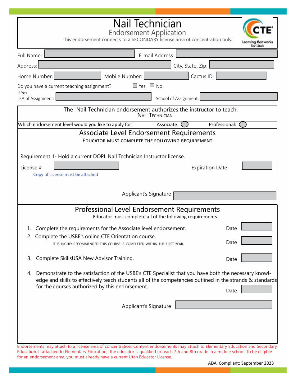 Nail Technician Endorsement Application - Utah, Page 1