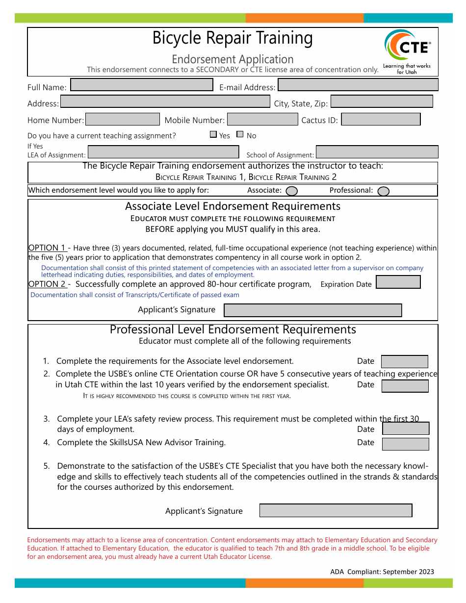 Bicycle Repair Training Endorsement Application - Utah, Page 1