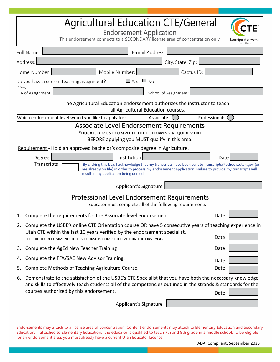 Agricultural Education Cte / General Endorsement Application - Utah, Page 1