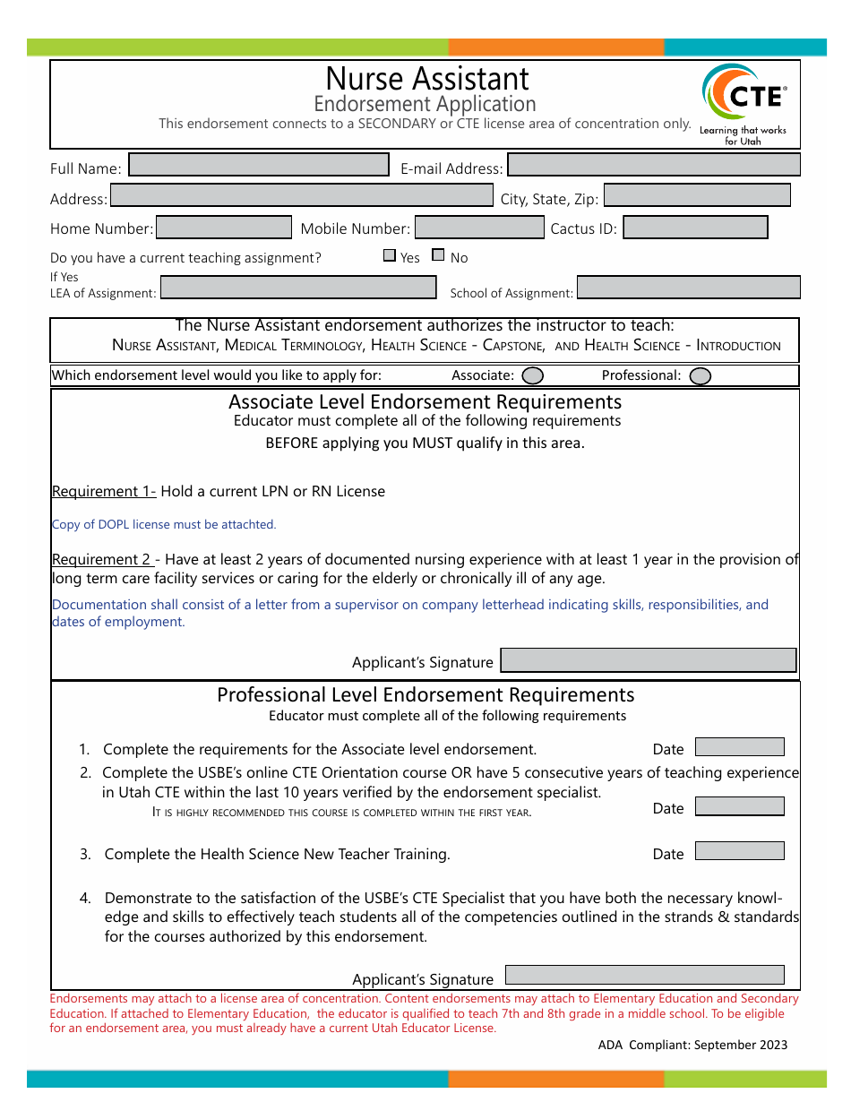 Nurse Assistant Endorsement Application - Utah, Page 1