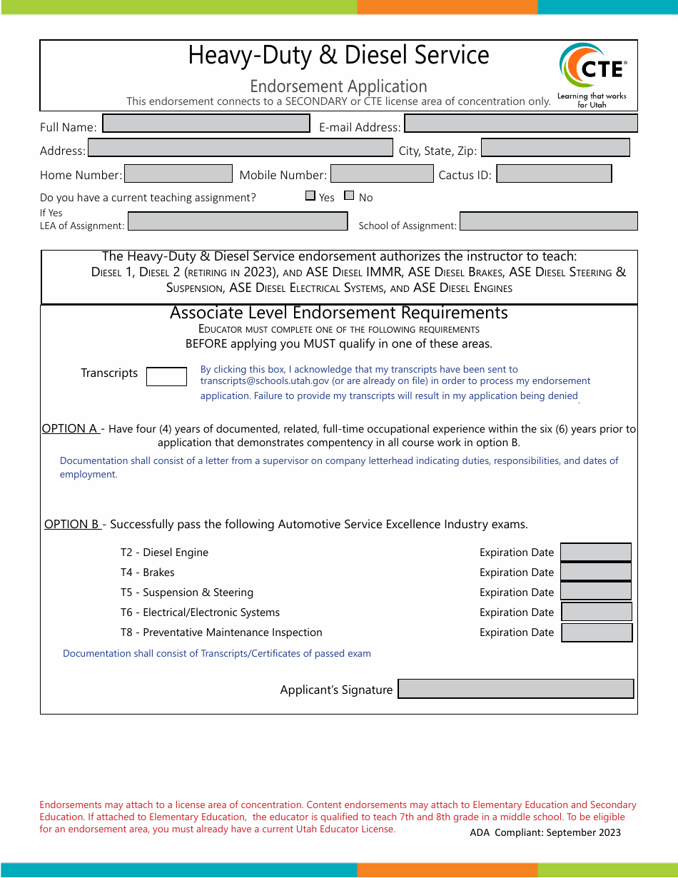 Heavy-Duty  Diesel Service Endorsement Application - Utah, Page 1