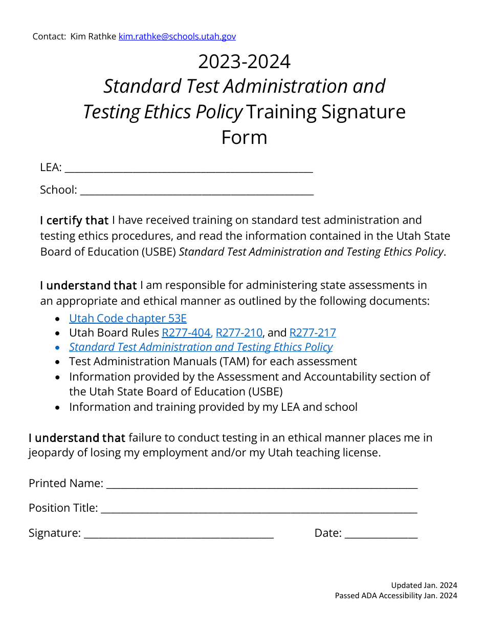 Standard Test Administration and Testing Ethics Policy Training Signature Form - Utah, Page 1