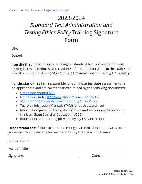 Standard Test Administration and Testing Ethics Policy Training Signature Form - Utah, 2024