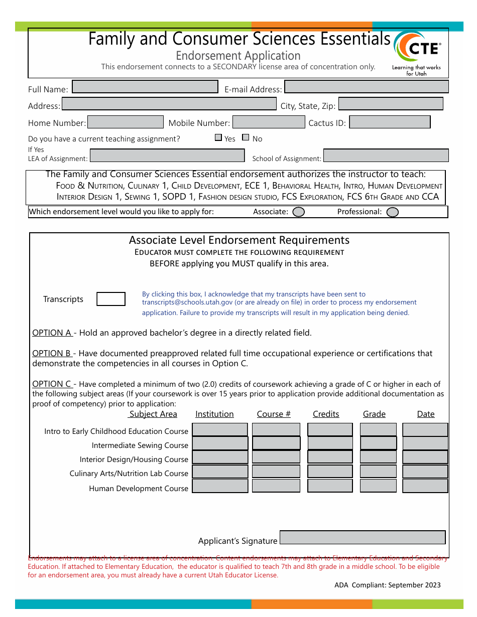 Family and Consumer Sciences Essentials Endorsement Application - Utah, Page 1