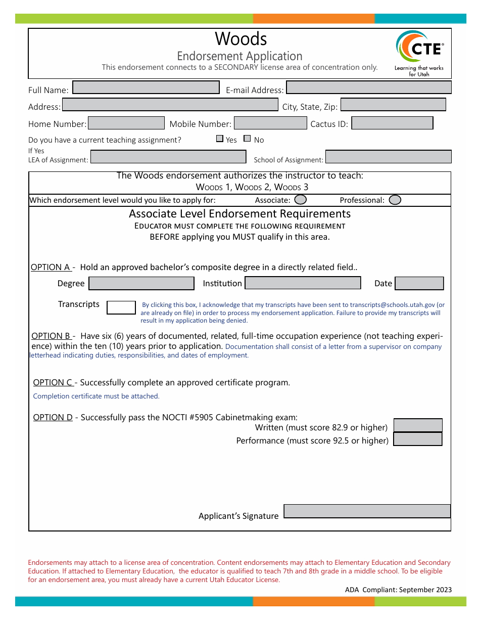 Woods Endorsement Application - Utah, Page 1