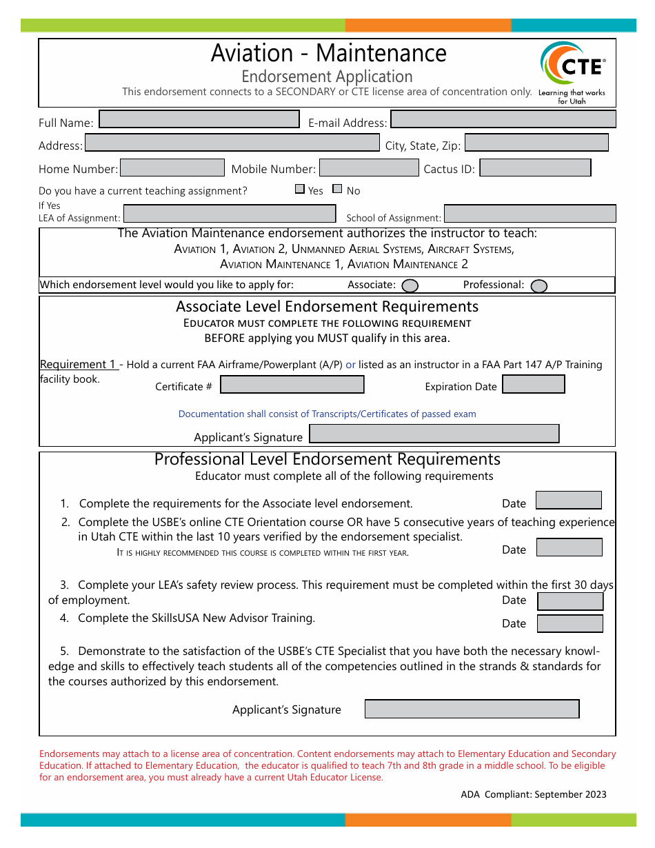 Aviation - Maintenance Endorsement Application - Utah, Page 1