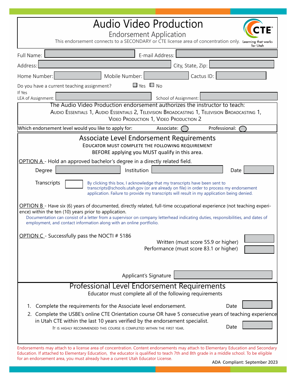 Audio Video Production Endorsement Application - Utah, Page 1