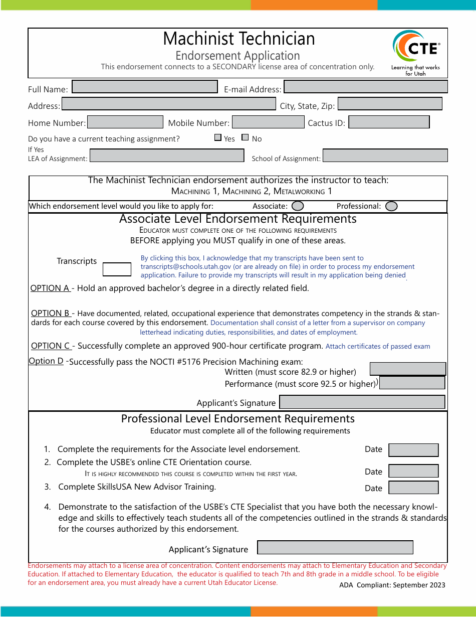 Machinist Technician Endorsement Application - Utah, Page 1