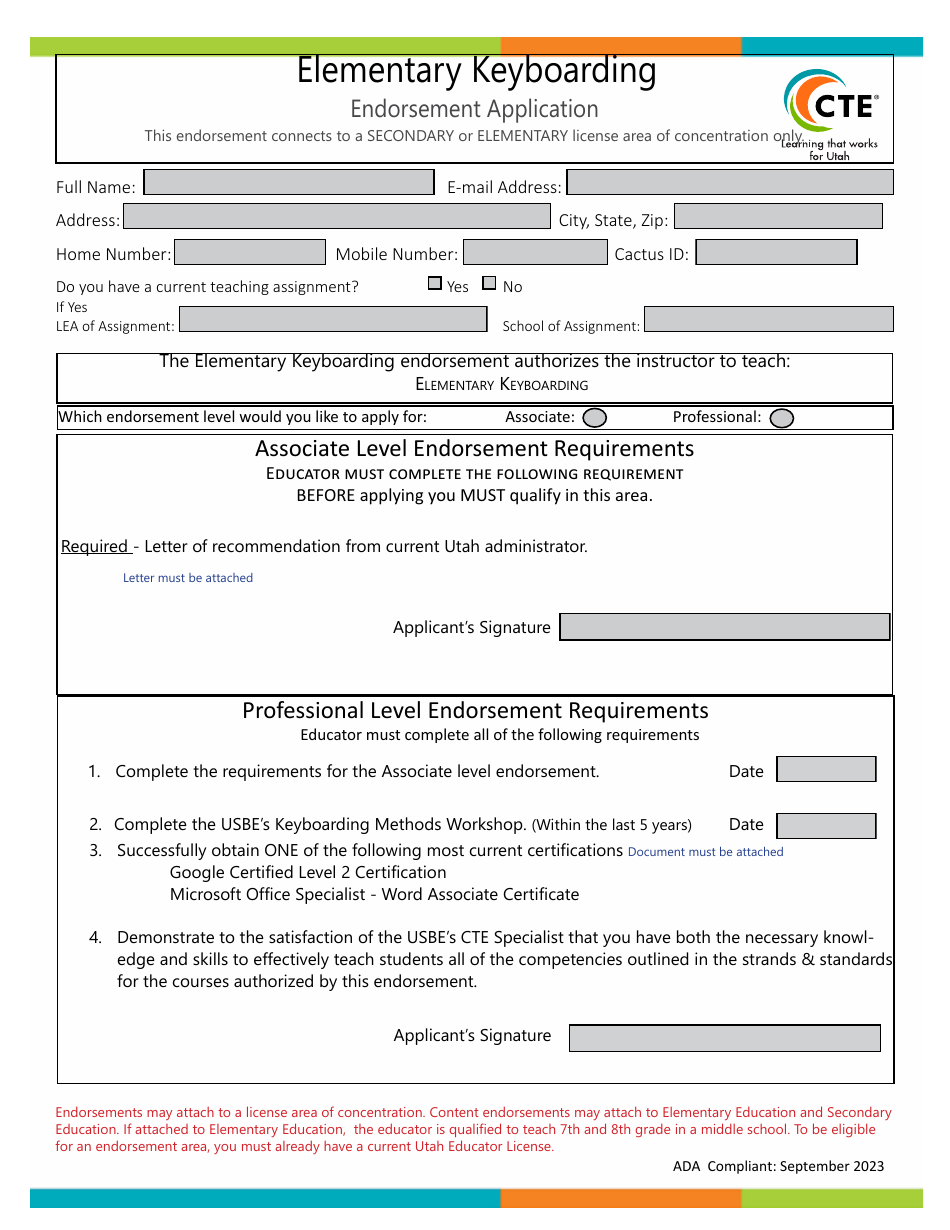 Elementary Keyboarding Endorsement Application - Utah, Page 1