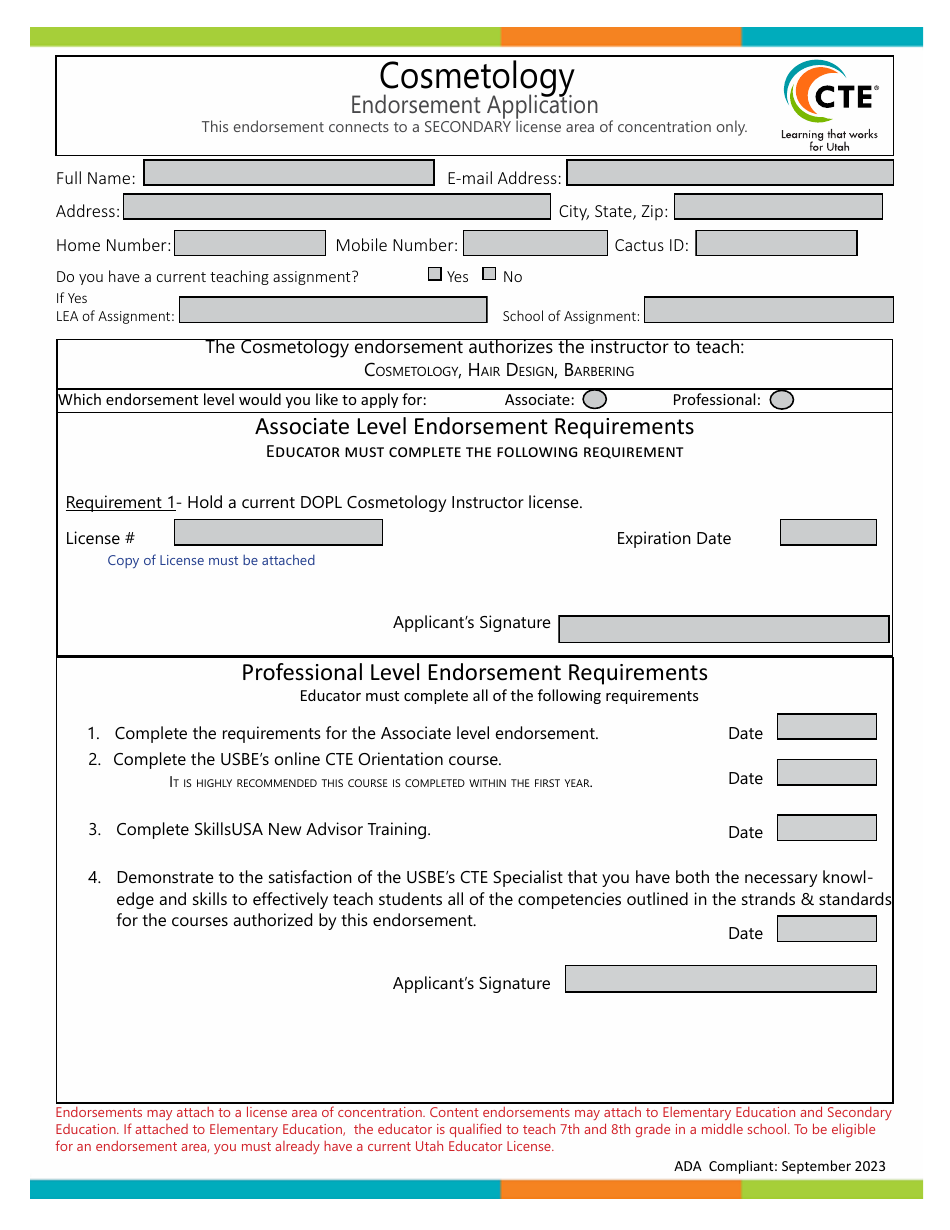 Cosmetology Endorsement Application - Utah, Page 1