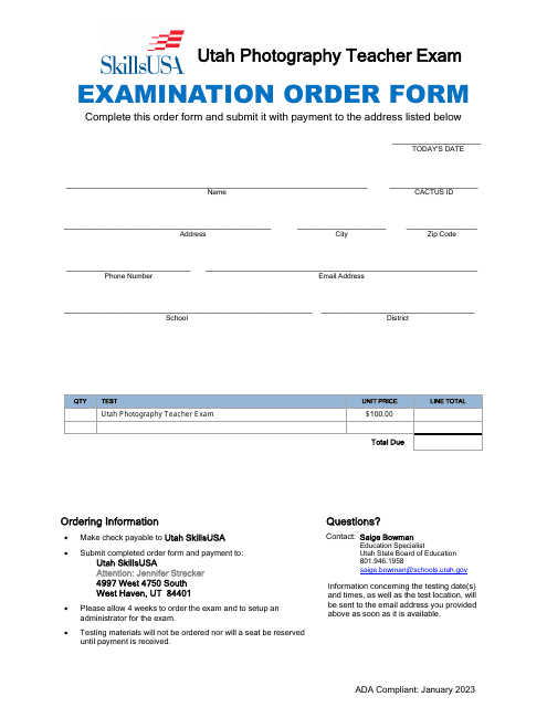 Examination Order Form - Utah Photography Teacher Exam - Utah Download Pdf