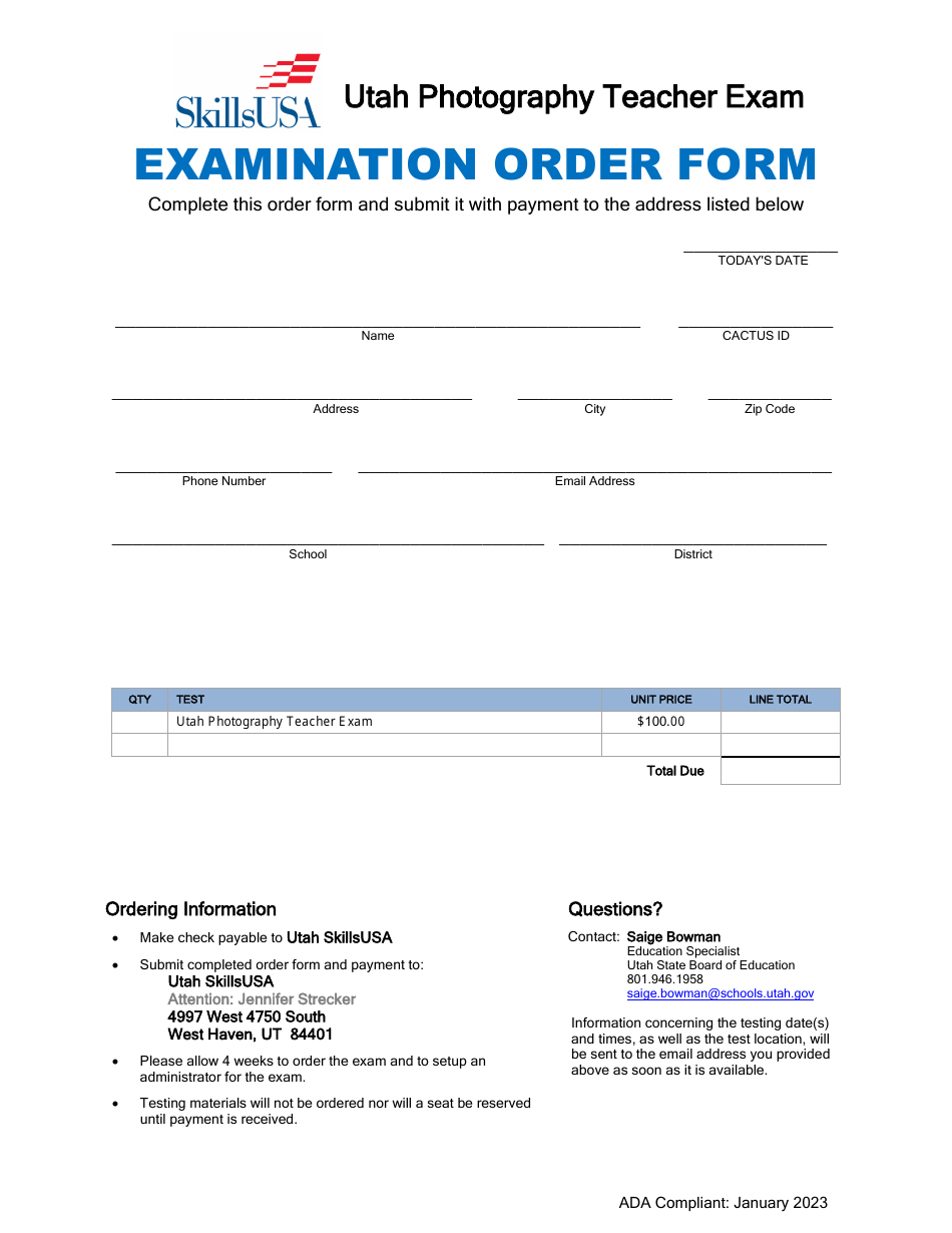 Examination Order Form - Utah Photography Teacher Exam - Utah, Page 1