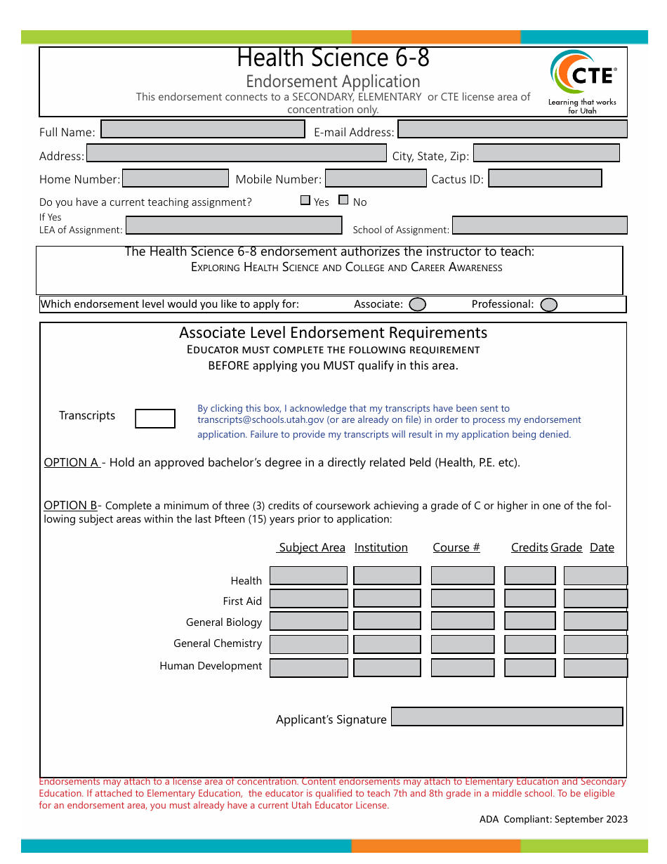 Health Science 6-8 Endorsement Application - Utah, Page 1