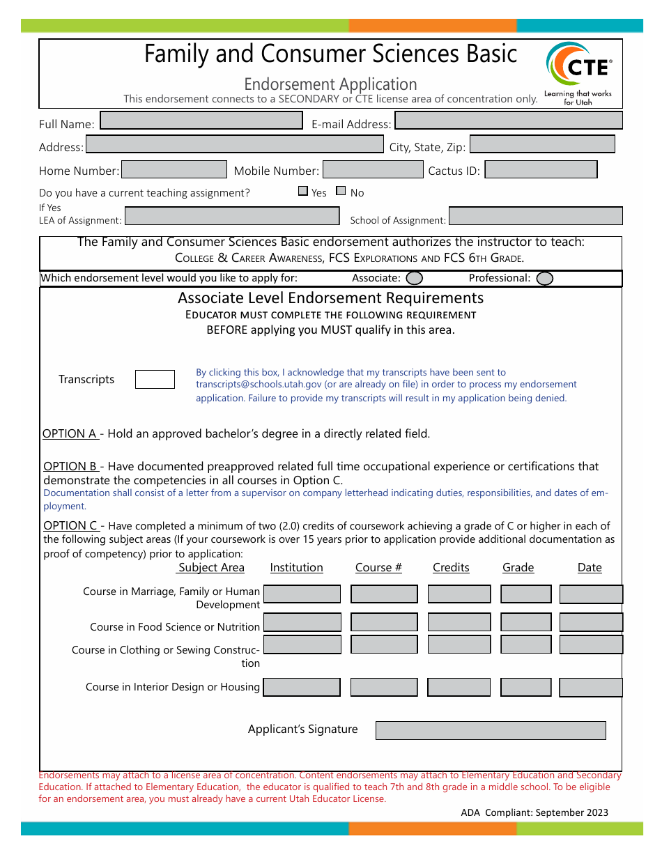 Family and Consumer Sciences Basic Endorsement Application - Utah, Page 1