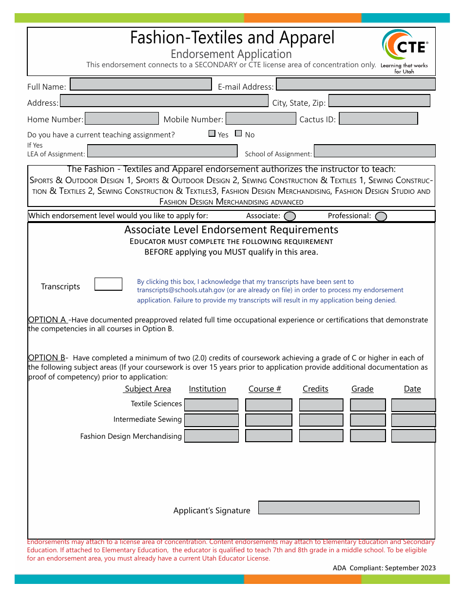 Utah FashionTextiles and Apparel Endorsement Application Fill Out
