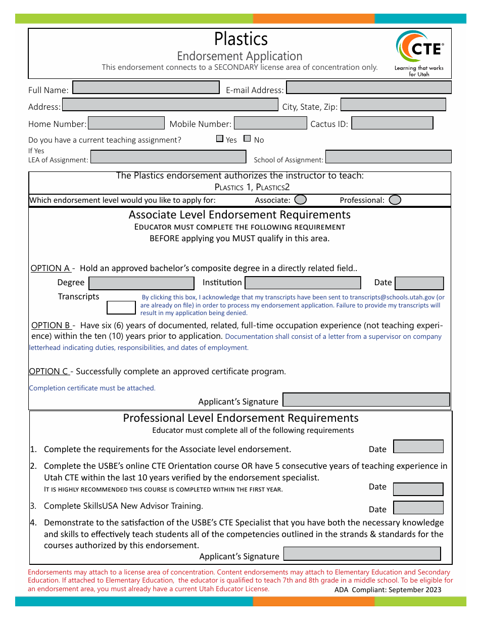 Utah Plastics Endorsement Application Fill Out, Sign Online and Download PDF Templateroller