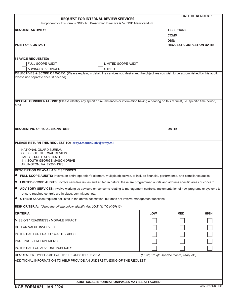 NGB Form 921 Request for Internal Review Services, Page 1