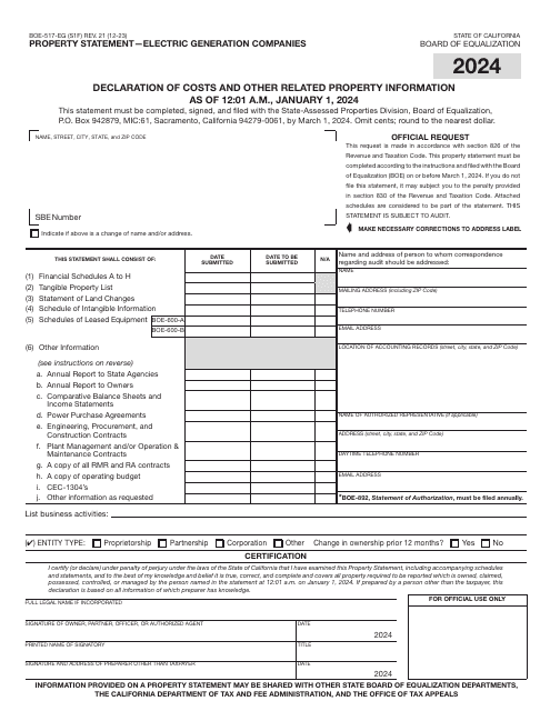 Form BOE-517-EG Property Statement - Electric Generation Companies - California, 2024