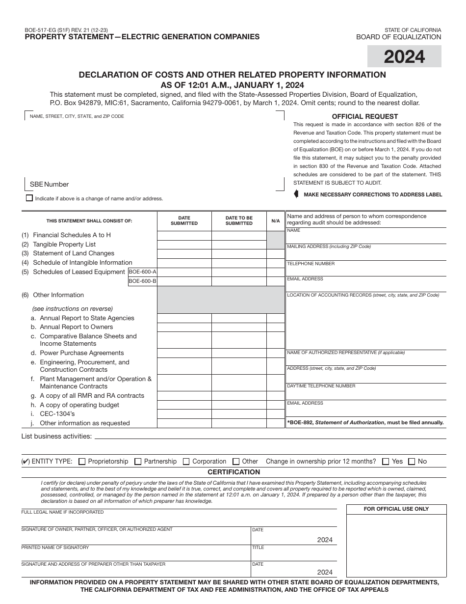 Form BOE-517-EG Property Statement - Electric Generation Companies - California, Page 1