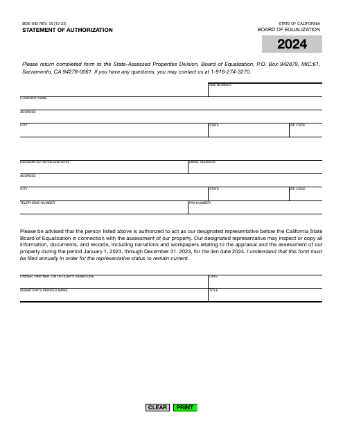 Form BOE-892 Statement of Authorization - California, 2024
