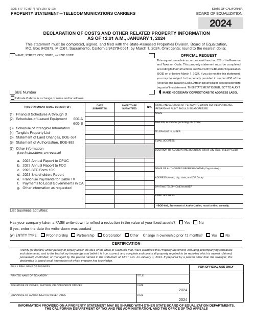 Form BOE-517-TC Property Statement - Telecommunications Carriers - California, 2024