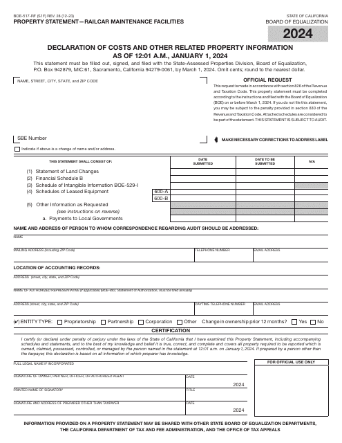 Form BOE-517-RF Property Statement - Railcar Maintenance Facilities - California, 2024