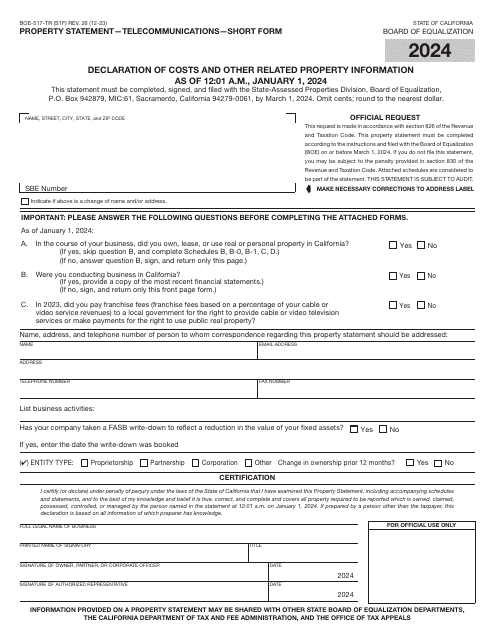 Form BOE-517-TR Property Statement - Telecommunications - Short Form - California, 2024