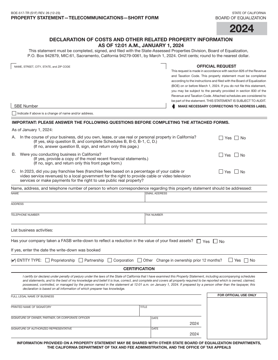 Form BOE-517-TR Property Statement - Telecommunications - Short Form - California, Page 1
