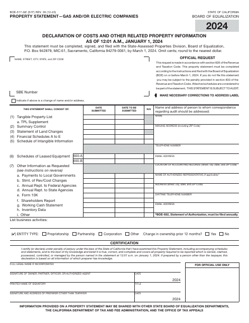 Form BOE-517-GE Property Statement - Gas and/or Electric Companies - California, 2024