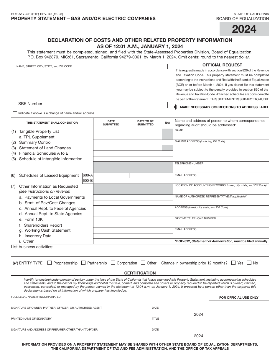 Form BOE-517-GE Property Statement - Gas and / or Electric Companies - California, Page 1