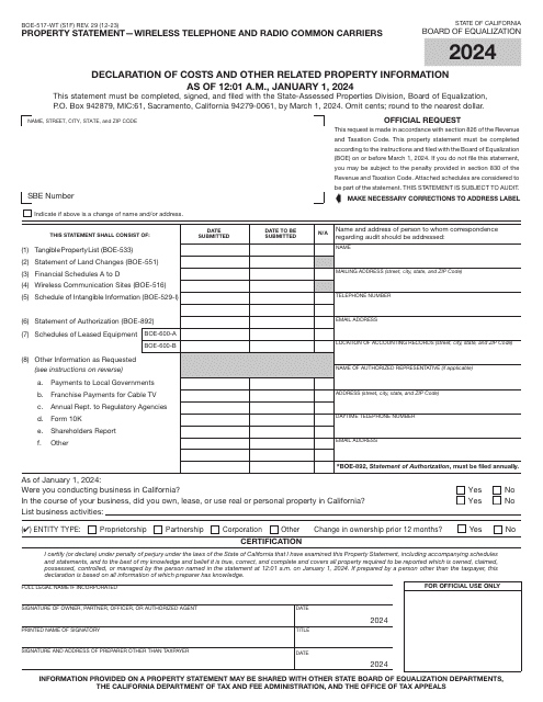 Form BOE-517-WT Property Statement - Wireless Telephone and Radio Common Carriers - California, 2024