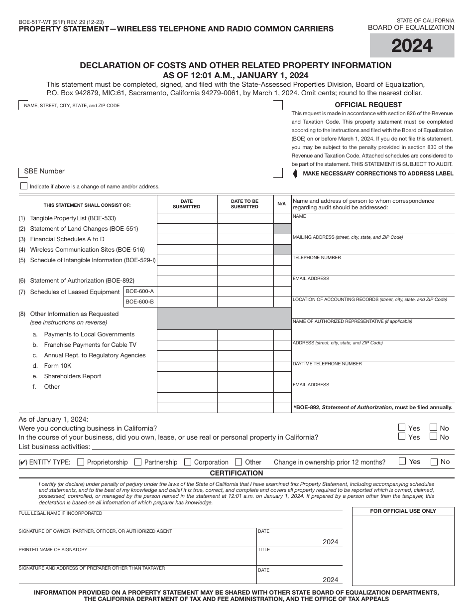 Form BOE-517-WT Property Statement - Wireless Telephone and Radio Common Carriers - California, Page 1