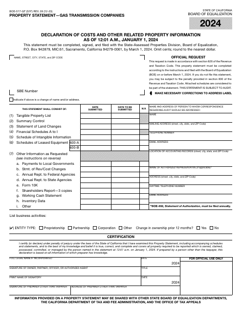 Form BOE-517-GT Property Statement - Gas Transmission Companies - California, 2024