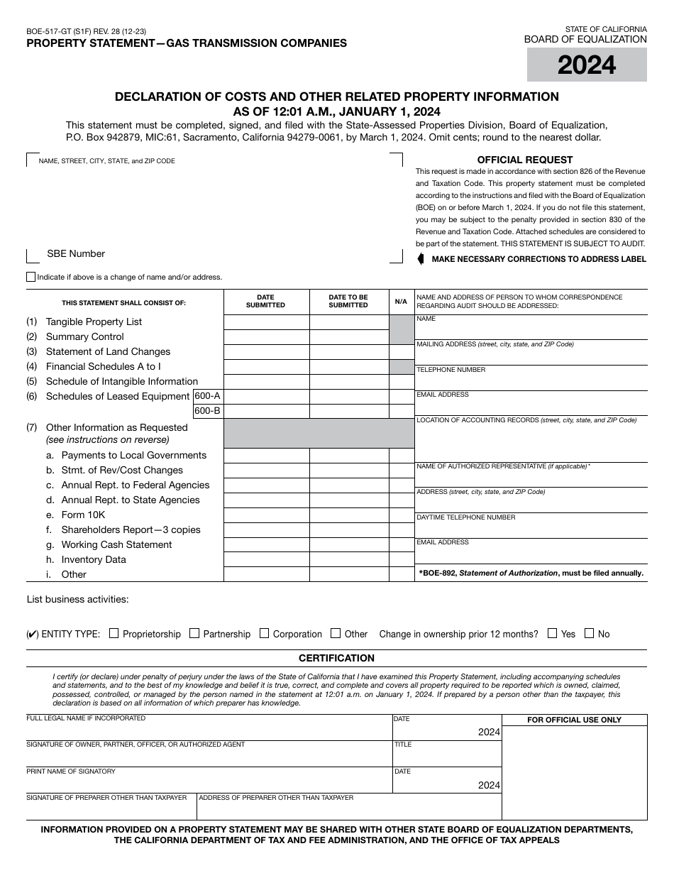 Form BOE-517-GT Property Statement - Gas Transmission Companies - California, Page 1