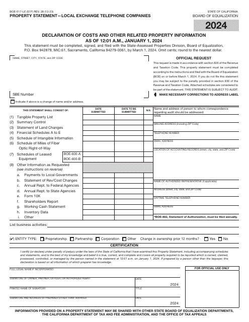 Form BOE-517-LE Property Statement - Local Exchange Telephone Companies - California, 2024