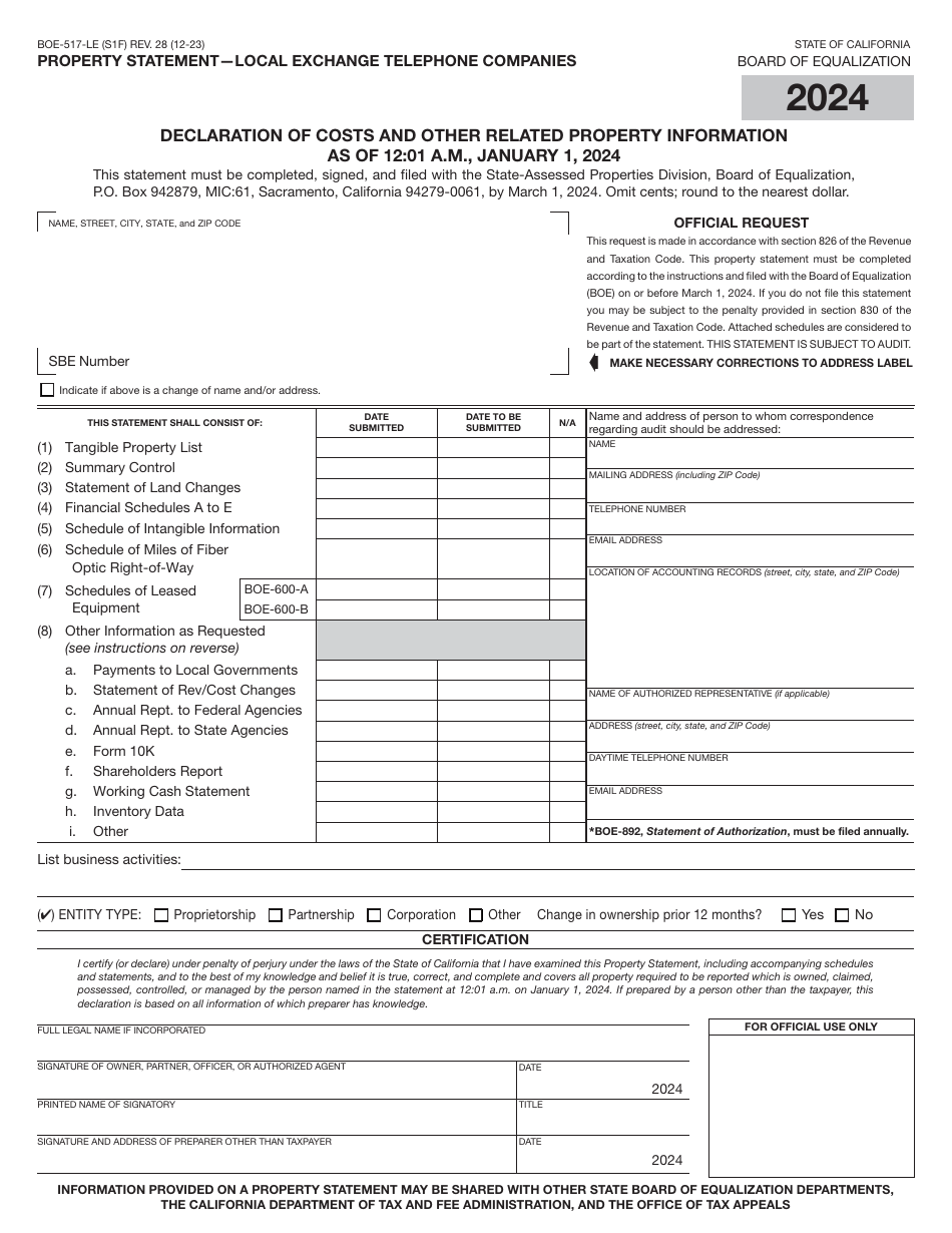 Form BOE-517-LE Property Statement - Local Exchange Telephone Companies - California, Page 1