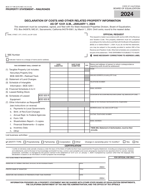 Form BOE-517-RR Property Statement - Railroads - California, 2024