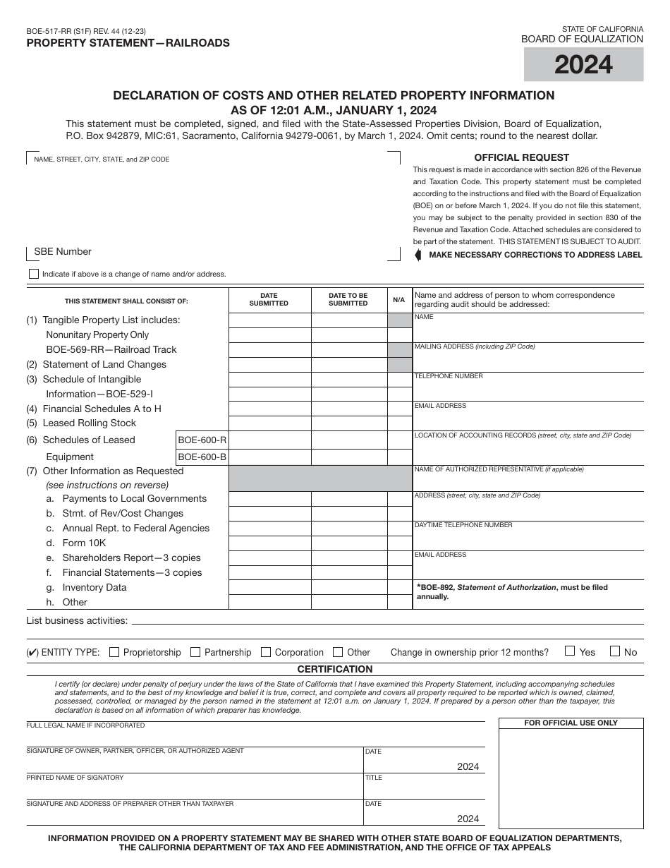 Form BOE-517-RR Property Statement - Railroads - California, Page 1