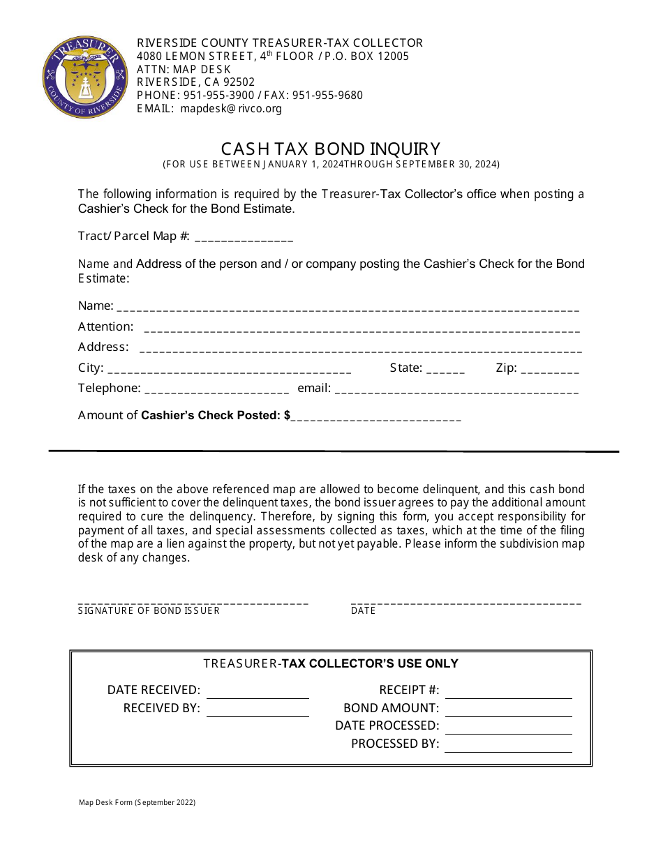 Cash Tax Bond Inquiry - County of Riverside, California, Page 1
