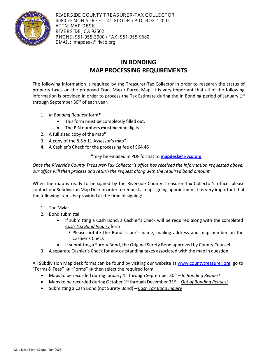 In Bonding Request - County of Riverside, California, Page 1