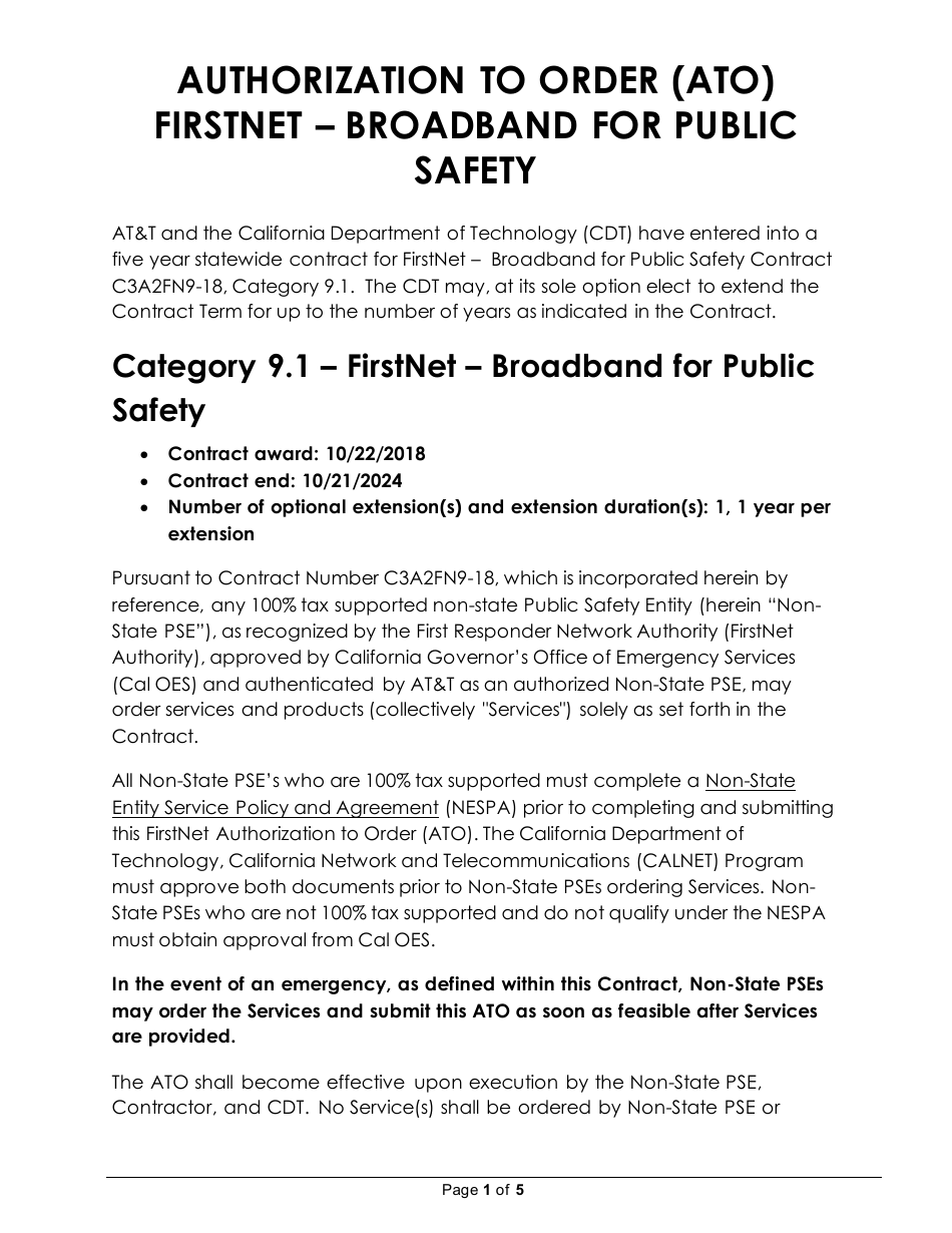 Authorization to Order (Ato) - Firstnet Category 9.1 - Broadband for Public Safety - California, Page 1